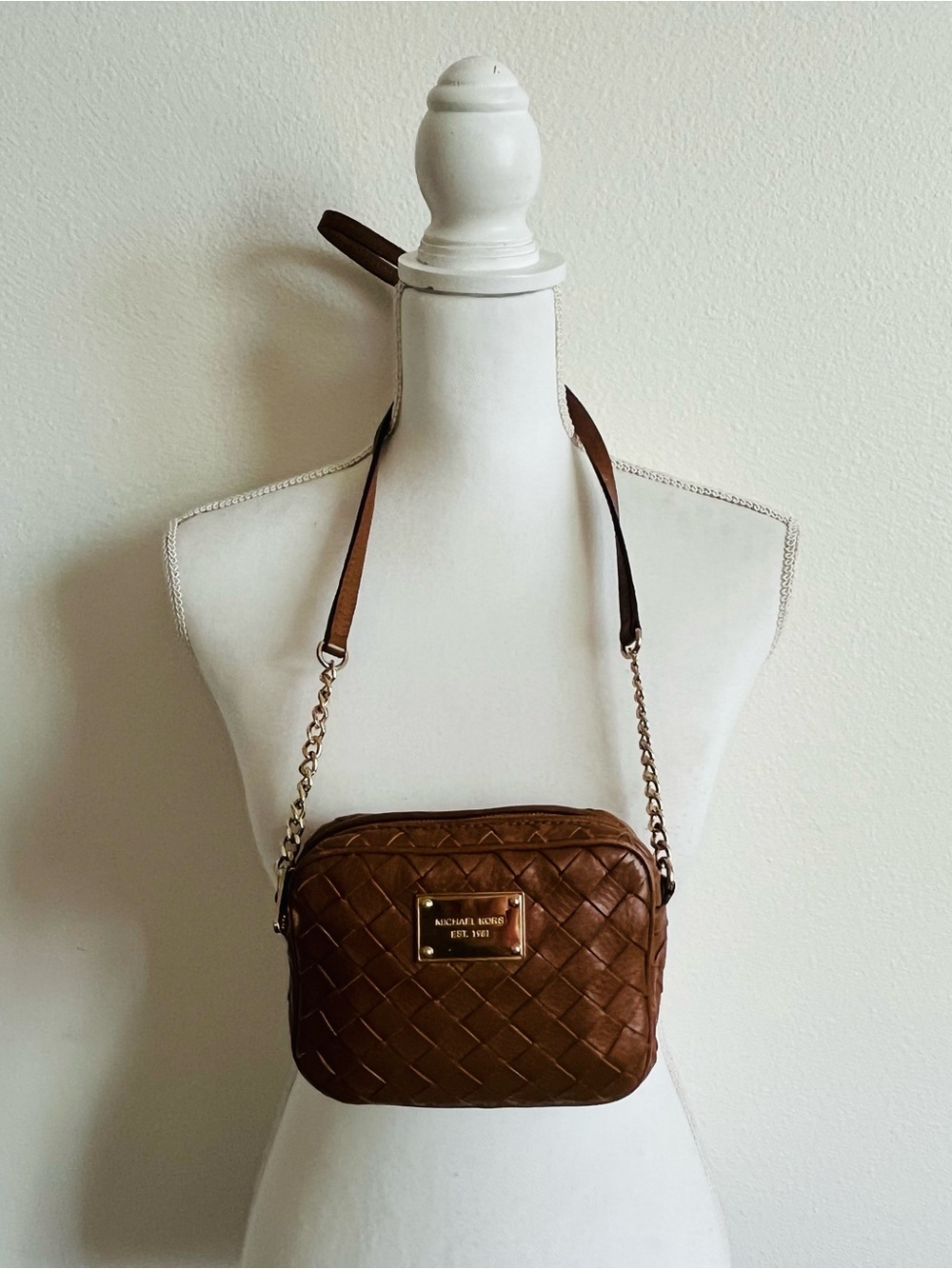 Michael Kors Brown Woven Leather Chain-Trim Crossbody